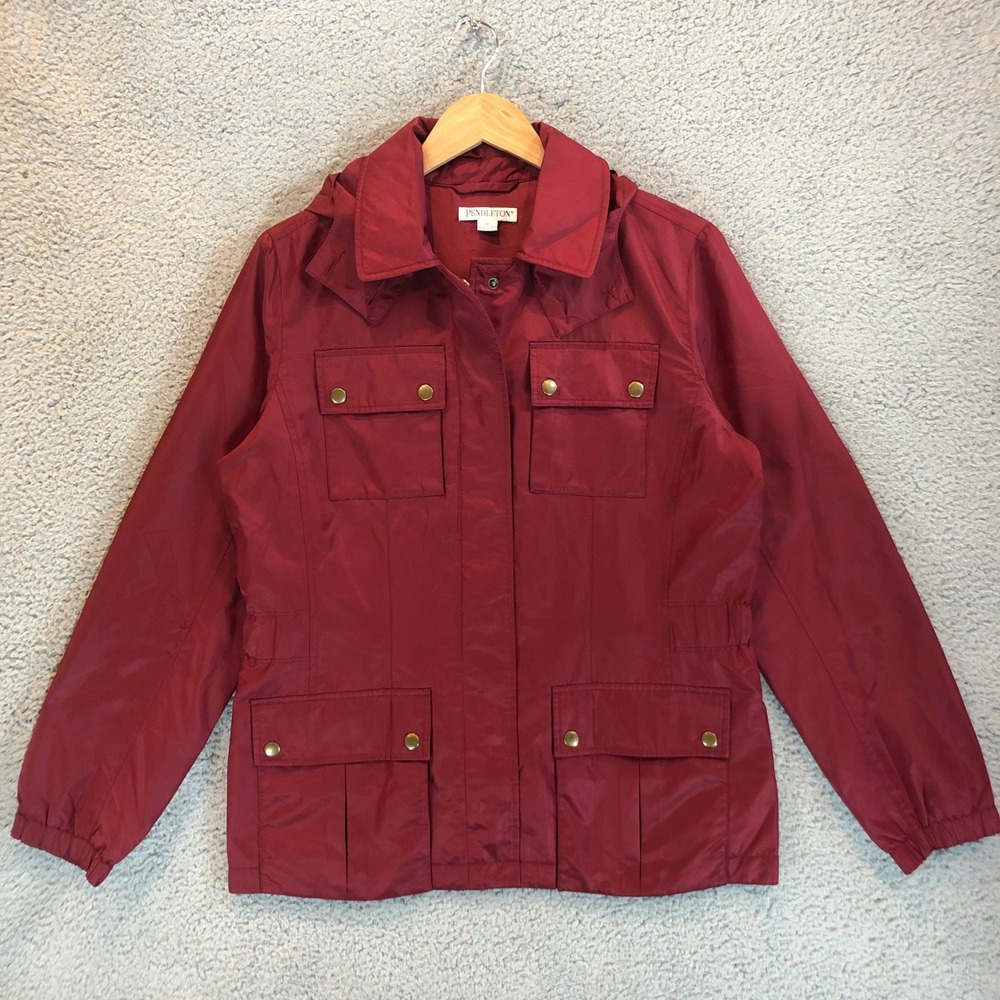 Pendleton Womens Red Field Jacket Stowaway Hood Utility Pocket M